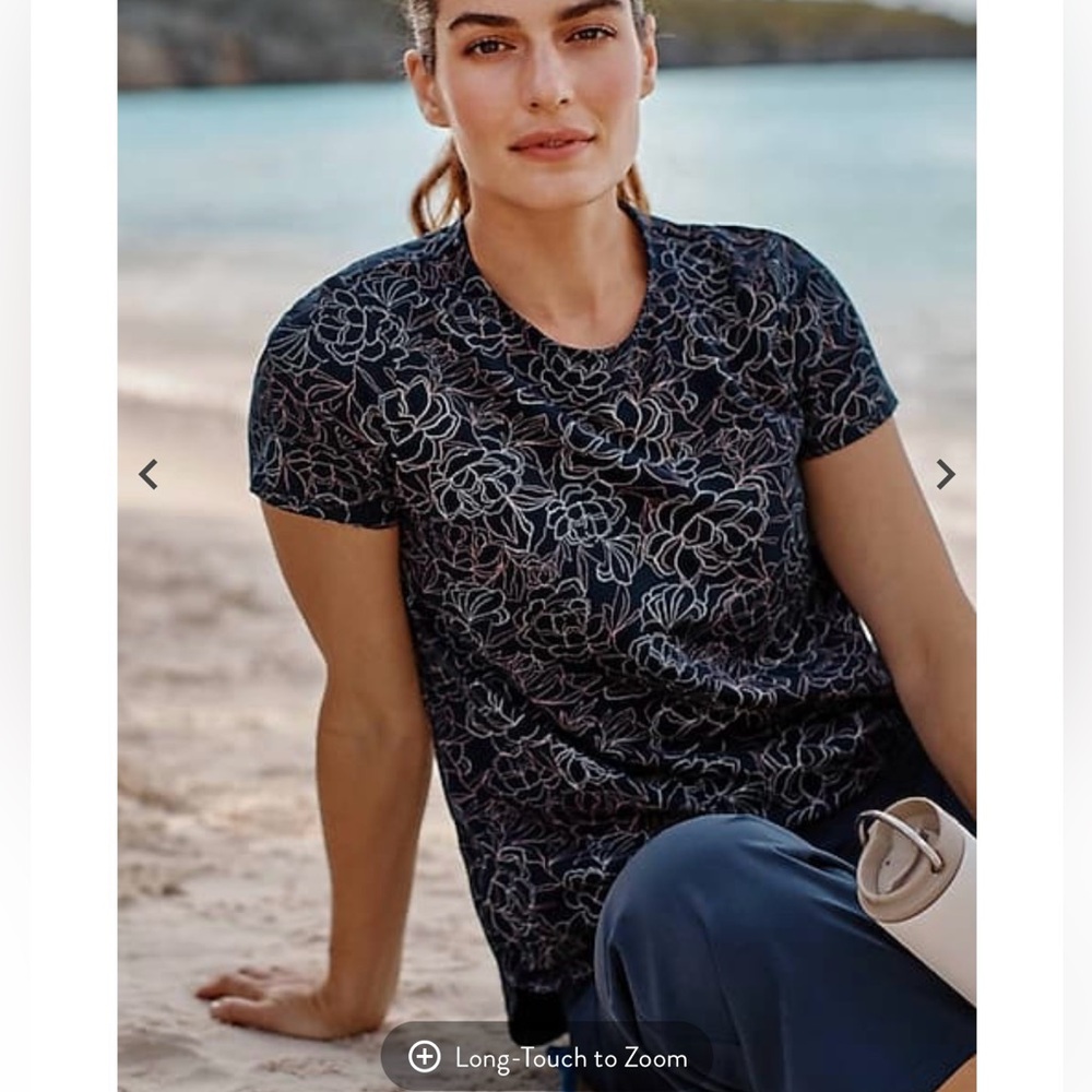 J. Jill Fit Progress Navy Blue Outline Floral Short Sleeve Top Large Tall